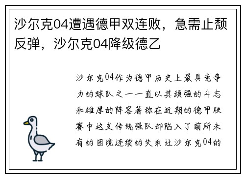 沙尔克04遭遇德甲双连败，急需止颓反弹，沙尔克04降级德乙