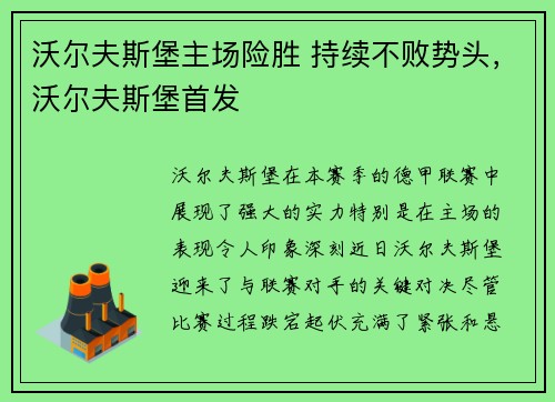 沃尔夫斯堡主场险胜 持续不败势头，沃尔夫斯堡首发