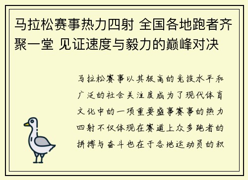 马拉松赛事热力四射 全国各地跑者齐聚一堂 见证速度与毅力的巅峰对决